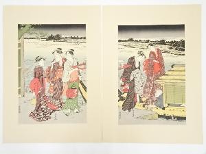 勝川春潮　黄昏の涼み舟　二枚続　手摺浮世絵木版画